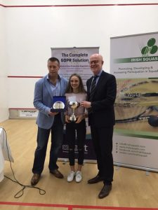 Sophie pictured with TD Ed Dunne and Irish Squash President, Gar Holohan.